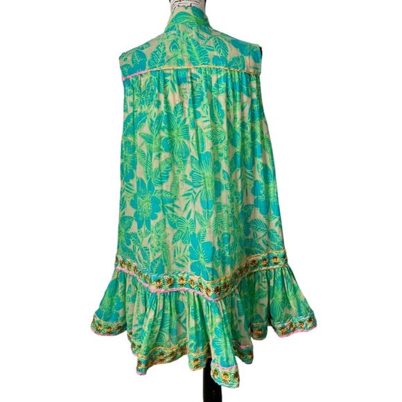 Miss June Floral Sleeveless Ruffle Dress Green Beige Gold-Button Womens One Size - Picture 3 of 7